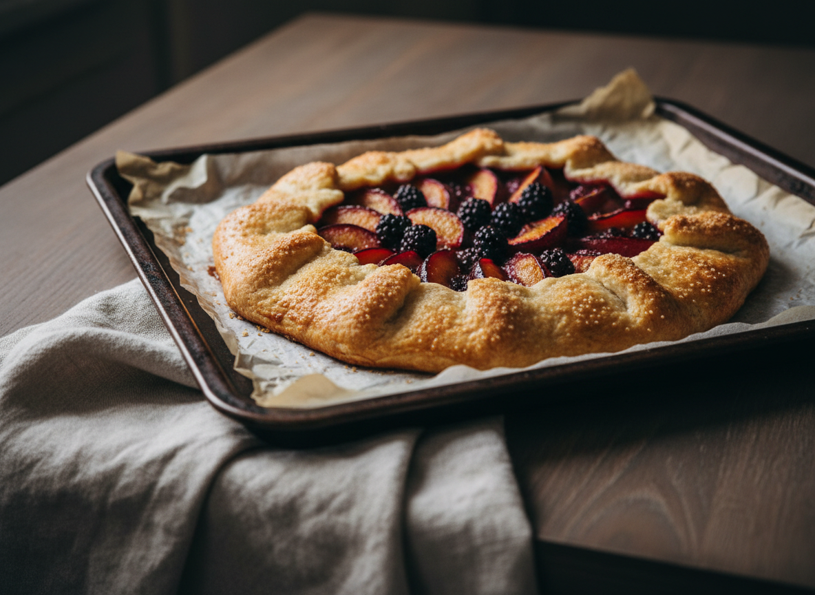 A close-up, cinematic photograph of a rustic fruit galette resting on parchment paper atop a dark, well-worn baking tray. The golden, flaky crust is folded organically around jewel-toned slices of plum and blackberry, their juices just beginning to bubble and caramelize, with a light sprinkling of coarse sugar catching the light. The tray sits on a textured wooden table in muted espresso tones, with a linen napkin casually draped at the edge of the frame. Side lighting from a nearby window provides dramatic, directional illumination, creating rich shadows in the folds of the crust and a gentle sheen on the fruit. Shot at a low, three-quarter angle with a shallow depth of field, this photographic realism composition conveys warmth, rustic elegance, and seasonal craftsmanship.