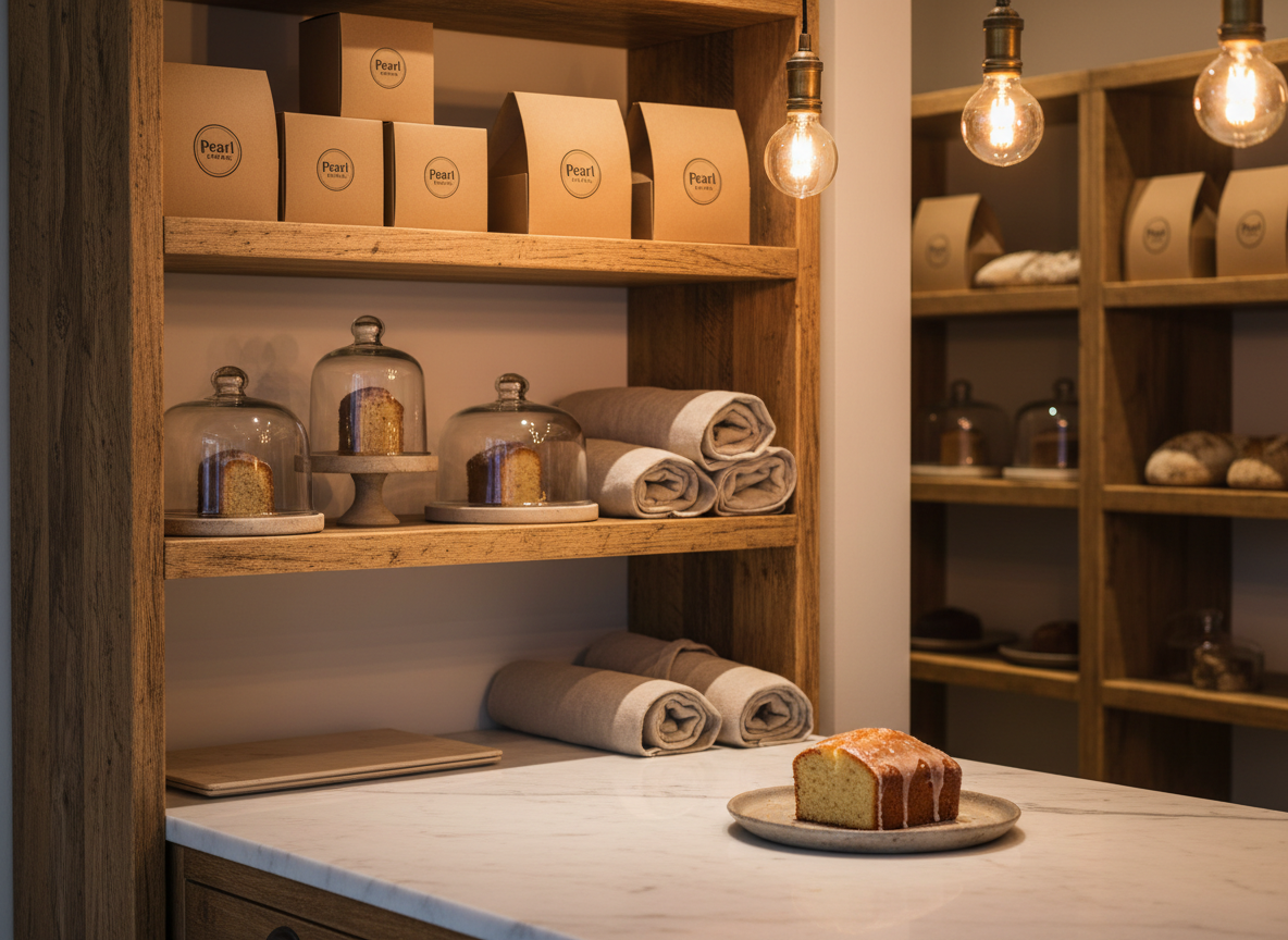 A warmly lit interior corner of an artisan bakery, focused on a rustic open shelving unit made of reclaimed wood, neatly stacked with kraft paper boxes stamped with a minimal Pearl Bakers logo, glass cloches covering small cakes, and textured linen-wrapped loaves. Below, a marble-topped counter holds a single, perfectly sliced loaf cake on a stoneware plate, its tender crumb and glossy glaze clearly visible. Ambient pendant lighting with warm bulbs hangs above, casting soft pools of light and subtle reflections on the marble. The photographic image is framed using the rule of thirds from an eye-level angle, with a gentle background blur of additional shelves and neutral walls, creating an atmosphere of understated sophistication and artisanal care.