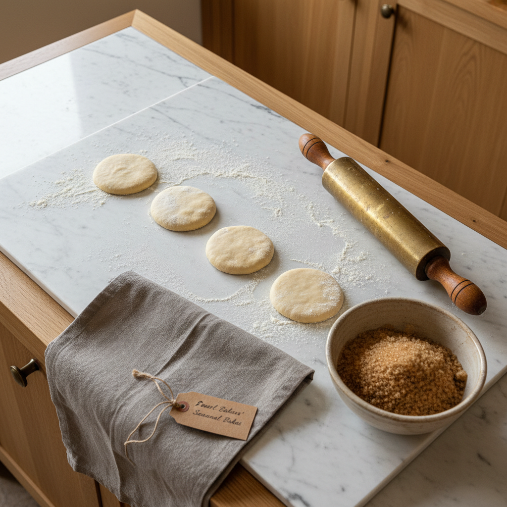 A refined kitchen worktop scene highlighting the artisan process: a smooth slab of lightly floured marble holds neatly arranged dough rounds, a beautifully patinated brass rolling pin, and a small stoneware bowl filled with coarse sugar. Nearby, a linen apron in warm dove grey is folded with quiet precision at the edge of the frame. The color palette is restrained, featuring soft creams, warm greys, and natural wood tones from the surrounding cabinetry. Soft, diffused morning light from a nearby window washes across the surface, emphasizing the texture of the flour and the sheen of the brass. Photographic realism, captured from an overhead three-quarter angle with selective focus, creates an intimate, sophisticated atmosphere that hints at the care behind Pearl Bakers’ seasonal bakes.