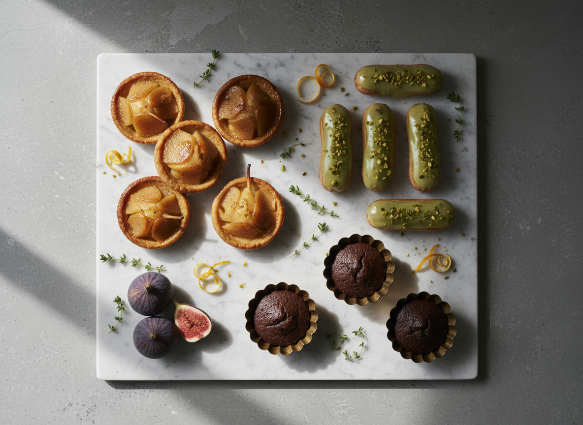 An assortment of seasonal tarts and petite pastries arranged with deliberate asymmetry on a cool honed marble slab, featuring caramelized pear tartlets, pistachio eclairs with glossy glaze, and dark chocolate financiers resting in antique brass baking molds. Scattered around are curls of citrus zest, a few whole figs, and sprigs of fresh thyme, all in earthy, muted tones. Overhead, diffused overcast light from a nearby window creates velvety shadows and gentle highlights on the glazes and fruit. Shot from a top-down, flat-lay perspective in photographic realism, the composition uses negative space around the marble to keep the scene uncluttered yet opulent, conveying a mood of quiet indulgence and refined seasonal artistry.