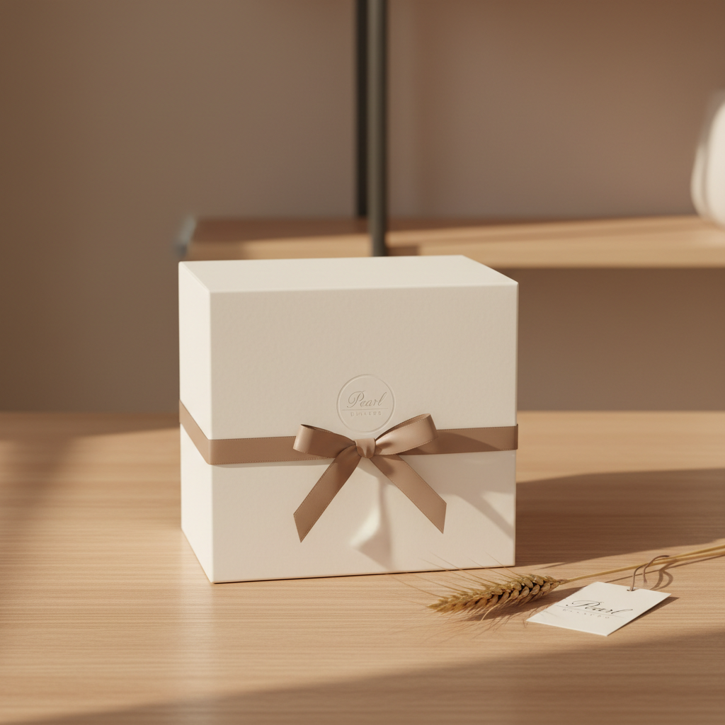 An elegant, minimalist packaging scene featuring a closed Pearl Bakers cake box in soft pearl white with a subtle embossed logo, wrapped with a narrow taupe satin ribbon tied in a precise bow. The box rests on a smooth, pale oak surface, with a matching branded tag and a single dried wheat stalk placed thoughtfully beside it. The background is a softly blurred, warm neutral wall with the faint outline of a shelving unit, keeping attention on the packaging. Gentle afternoon natural light streams from the left, creating delicate shadows along the box edges and a refined sheen on the ribbon. Captured in photographic realism from a slightly elevated angle, the composition is clean and spacious, evoking a high-end, sophisticated brand identity.