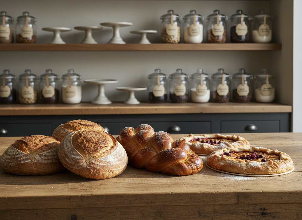 A meticulously arranged display of artisan breads and pastries on a long, weathered oak counter, showcasing crusty sourdough boules, glossy braided challah, and delicate fruit galettes dusted with fine sugar. Behind them, built-in shelving holds stoneware cake stands and neatly labeled glass jars of ingredients, all in muted cream and wheat tones. Soft morning sunlight filters through an unseen front window, creating gentle highlights on the flaky layers and casting subtle shadows along the wood grain. Captured in photographic realism from a slightly elevated, wide-angle perspective with a shallow depth of field, the foreground loaves are in crisp focus while the background shelves blur into a calm, sophisticated bokeh, evoking quiet luxury and rustic charm for a bakery homepage hero image.