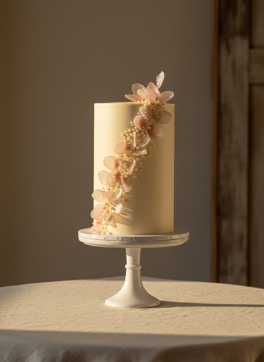 A single custom celebration cake displayed on a slender matte-white pedestal stand set on a pale linen-covered table. The cake is tall and elegant, finished with smooth ivory buttercream, subtle vertical texturing, and a delicate cascade of hand-piped sugar pearls and wafer-paper petals in soft blush and champagne tones. In the background, an understated wall in warm greige fades into a gentle blur, with a hint of rustic wooden paneling at the edge of the frame. Golden hour light from the side creates a soft glow along the cake’s edges, emphasizing its refined details and casting a graceful shadow. Photographic realism, eye-level composition, and a minimalist, sophisticated mood perfect for featuring Pearl Bakers’ custom cake craftsmanship.